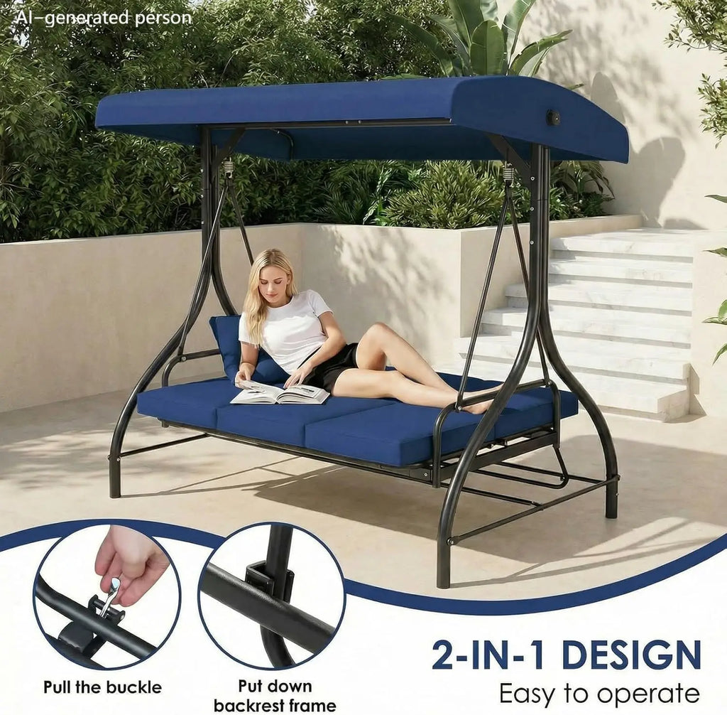 3-Seat Patio Swing with Adjustable Canopy & Backrest, Outdoor Porch Swing That Converts to Bed W/Thickened Removable Cushions & Up to 750LBS Capacity, For Porch, Backyard, Courtyard, Garden, Patio, Balcony, Poolside
