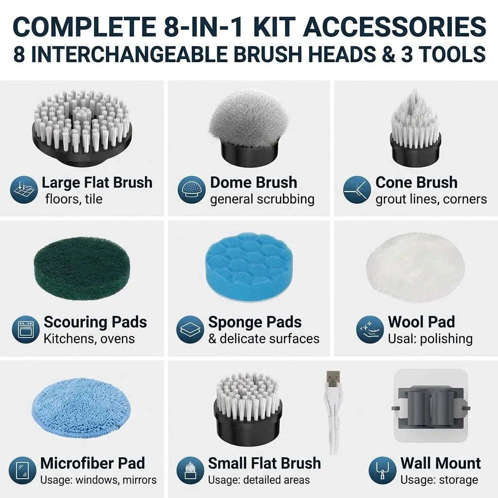 9-in-1 Power Spin Scrubber Kit – Wireless Electric Rotating Brush with Interchangeable Heads & Adjustable Handle, Multi-Surface Shower & Floor Cleaner