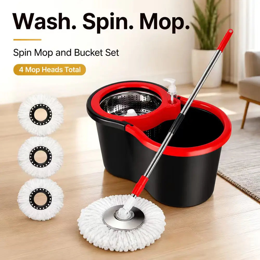 Spin Mop and Bucket Set With 4 Microfiber Mop Heads 360° Rotating Floor Cleaning Mop Stainless‑Steel Wringer Household Cleaning Tool