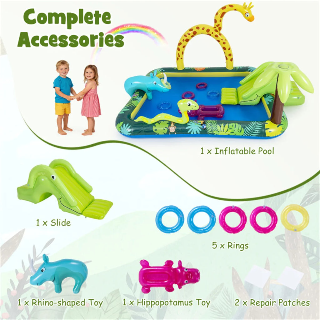 82" Inflatable Jungle Spray Pool with Giraffe Sprinkler & Slide, Kids Water Play Center for Backyard