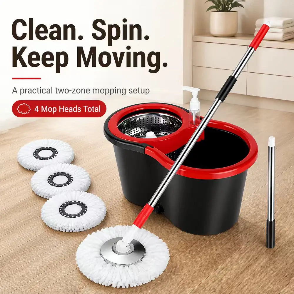 Spin Mop and Bucket Set With 4 Microfiber Mop Heads 360° Rotating Floor Cleaning Mop Stainless‑Steel Wringer Household Cleaning Tool