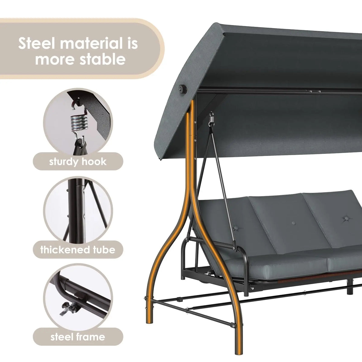 3-Seat Patio Swing with Adjustable Canopy & Backrest, Outdoor Porch Swing That Converts to Bed W/Thickened Removable Cushions & Up to 750LBS Capacity, For Porch, Backyard, Courtyard, Garden, Patio, Balcony, Poolside
