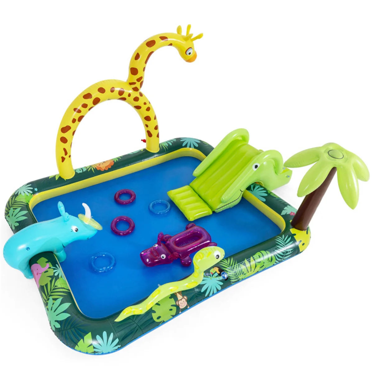 82" Inflatable Jungle Spray Pool with Giraffe Sprinkler & Slide, Kids Water Play Center for Backyard