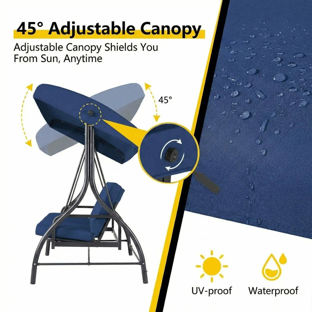 3-Seat Patio Swing with Adjustable Canopy & Backrest, Outdoor Porch Swing That Converts to Bed W/Thickened Removable Cushions & Up to 750LBS Capacity, For Porch, Backyard, Courtyard, Garden, Patio, Balcony, Poolside