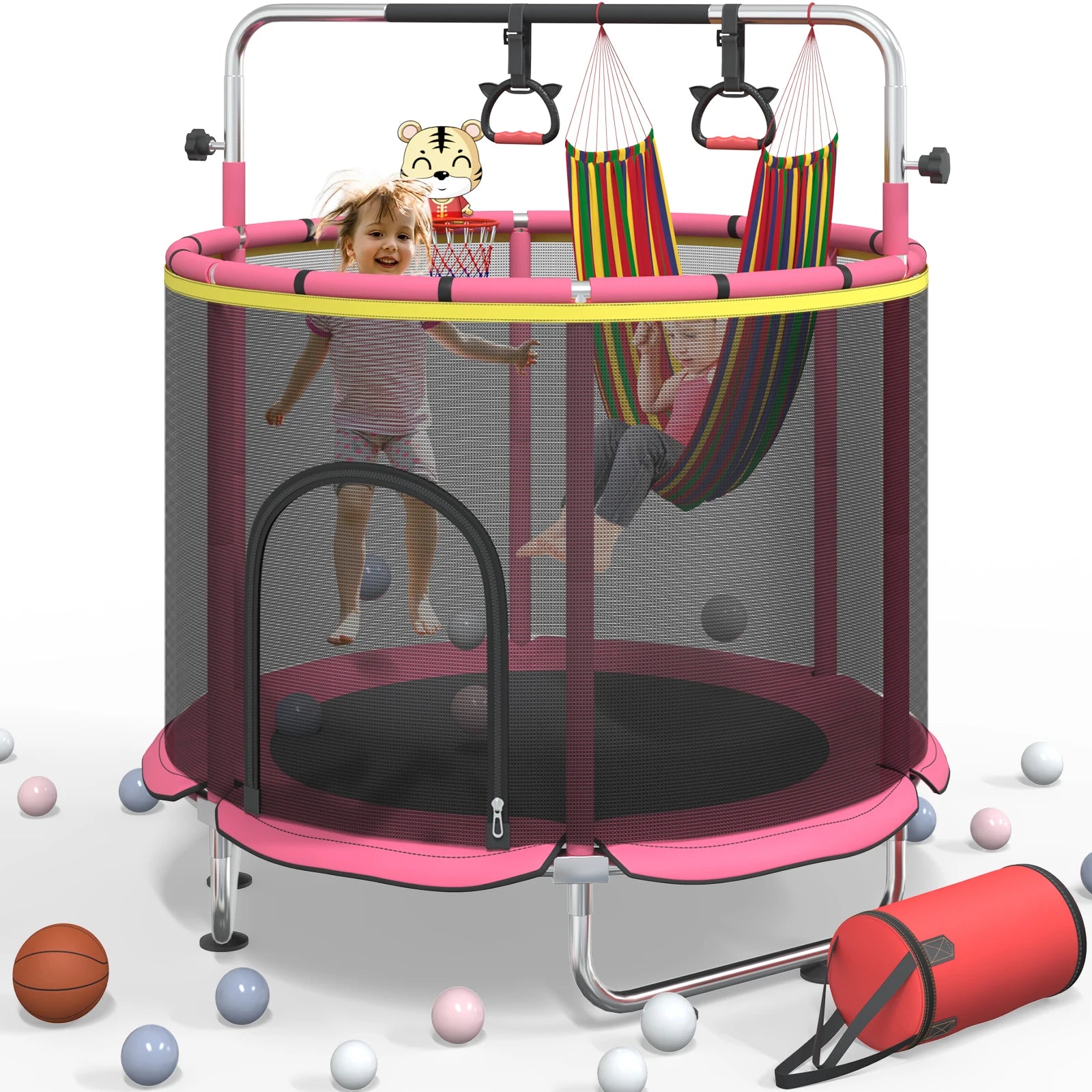 5FT Toddler Trampoline 8-in-1 Kids Mini Trampoline with Basketball Hoop Swing Hammock Indoor Outdoor Play for 1-5 Years Gift
