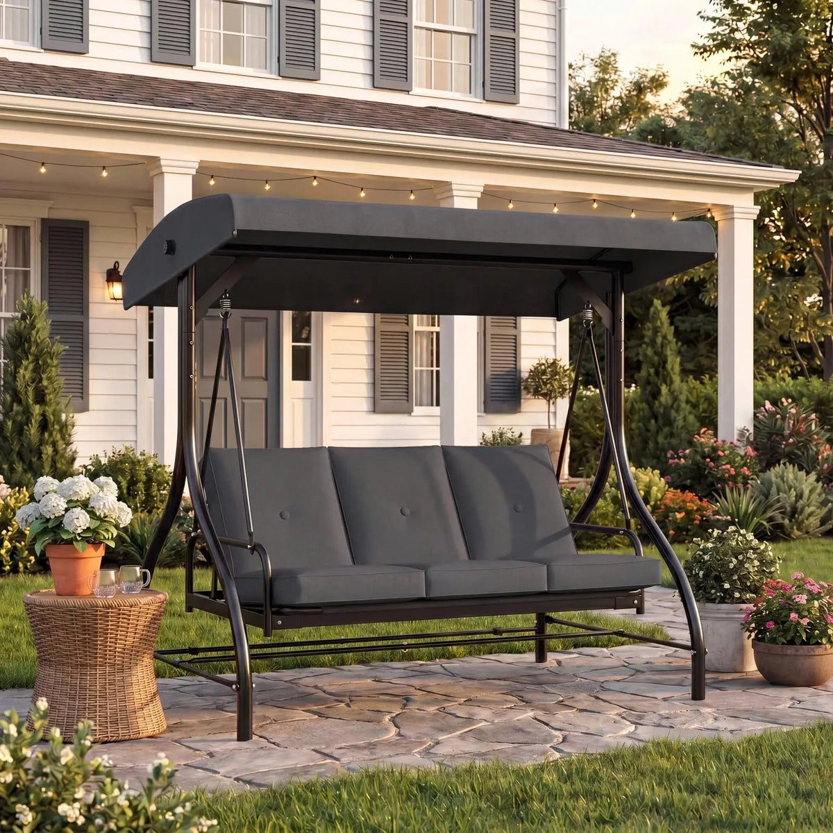 3-Seat Patio Swing with Adjustable Canopy & Backrest, Outdoor Porch Swing That Converts to Bed W/Thickened Removable Cushions & Up to 750LBS Capacity, For Porch, Backyard, Courtyard, Garden, Patio, Balcony, Poolside