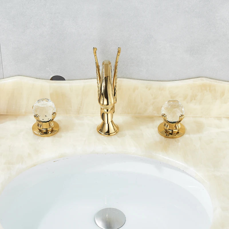 Gold Swan Bathroom Sink Faucet With Dual Crystal Handles, Deck Mount