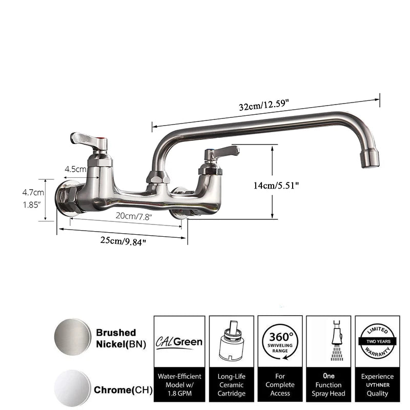 Kitchen Faucet, Wall Mount, Swing Spigot. Black Or Polished Chrome