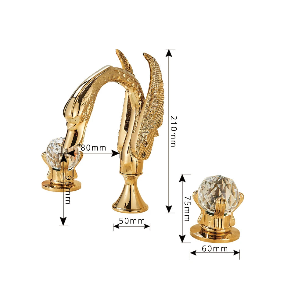 Gold Swan Bathroom Sink Faucet With Dual Crystal Handles, Deck Mount