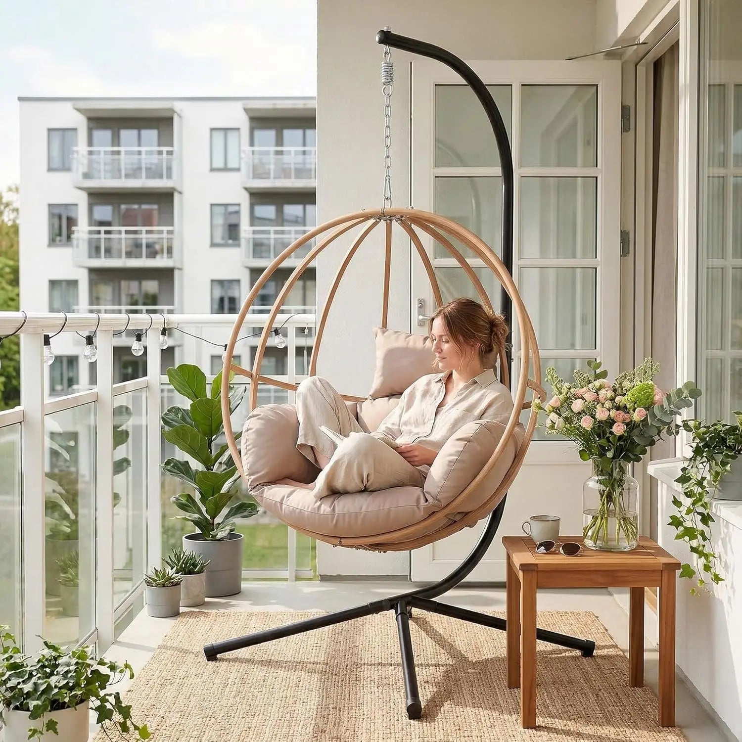 Double Egg Hanging Swing Chair with Stand Cushions Headrest 80"H Metal Basket for Indoor Outdoor Patio Deck Brown, Customized