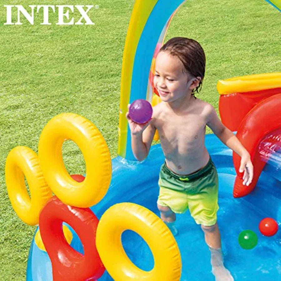 Intex 9.75 Foot x 6.3 Foot x 53 Inch Multicolor Rainbow Slide Inflatable Pool with Water Slide and Ring Toss