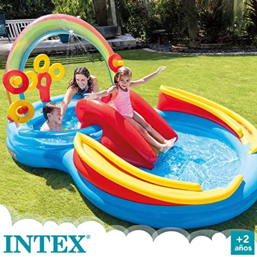 Intex 9.75 Foot x 6.3 Foot x 53 Inch Multicolor Rainbow Slide Inflatable Pool with Water Slide and Ring Toss