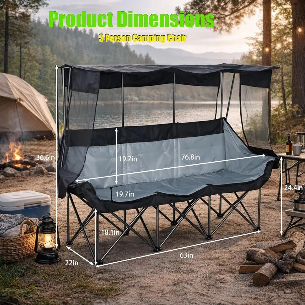 Oversized 3 Person Camping Chair with Canopy Shade, Fully Padded, Folding Outdoor Chair for Camping, Lawn, Backyard
