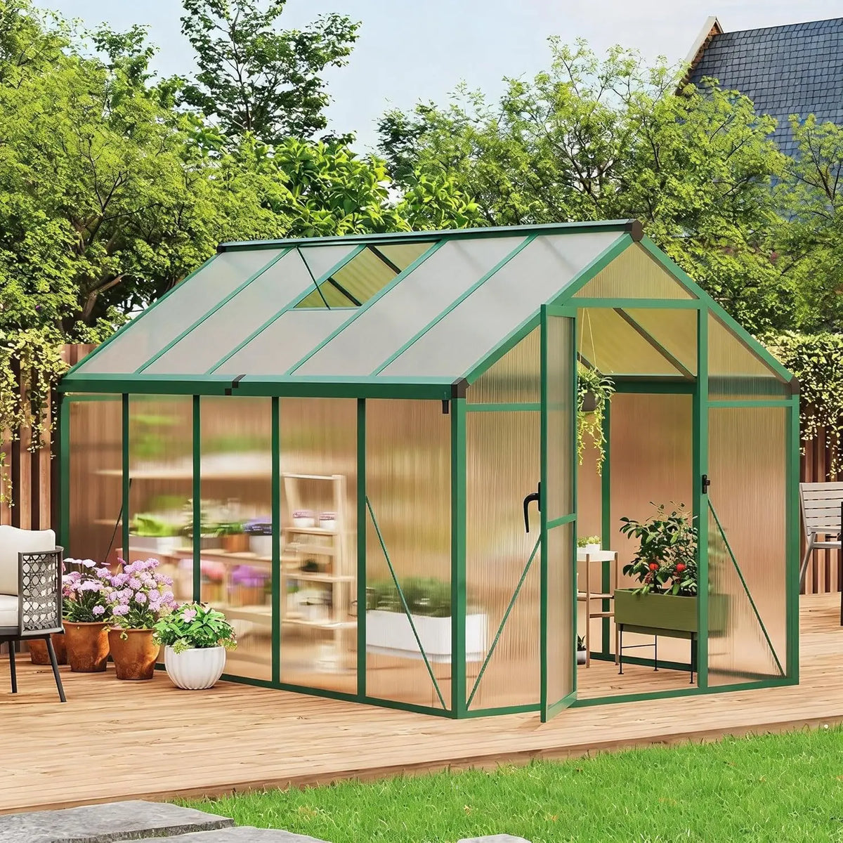 HiMiss 6x10 FT Polycarbonate Greenhouse For Outdoors, Aluminum Walk-In Greenhouse With Roof Vent & Lockable Door For Garden Backyard