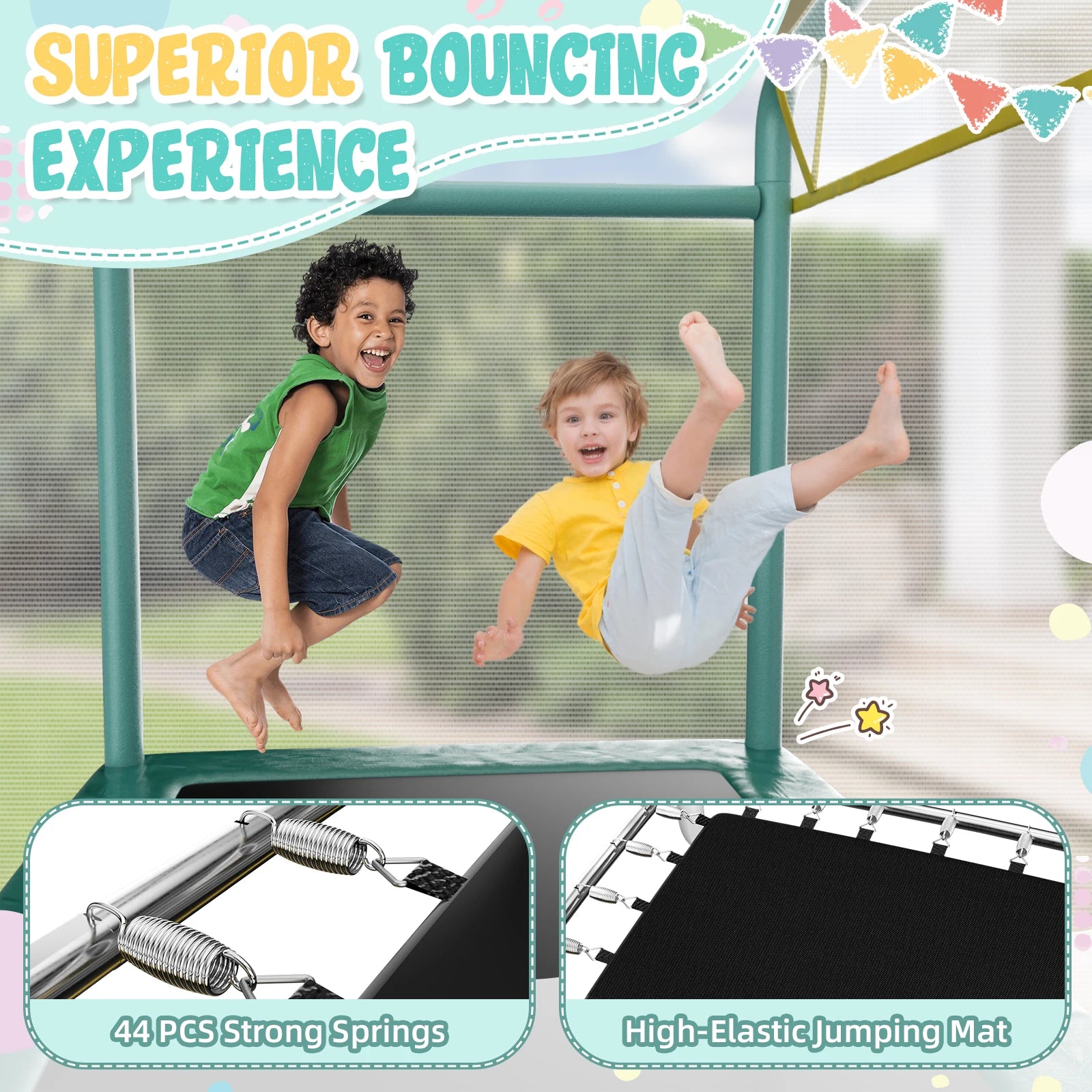 6FT Rectangle Trampoline for Small Spaces, 4-in-1 Kids Trampoline with Swing & Safety Enclosure Net, Ideal for Sensory Play & Indoor/Outdoor Use for Ages 3-8, ASTM Approved