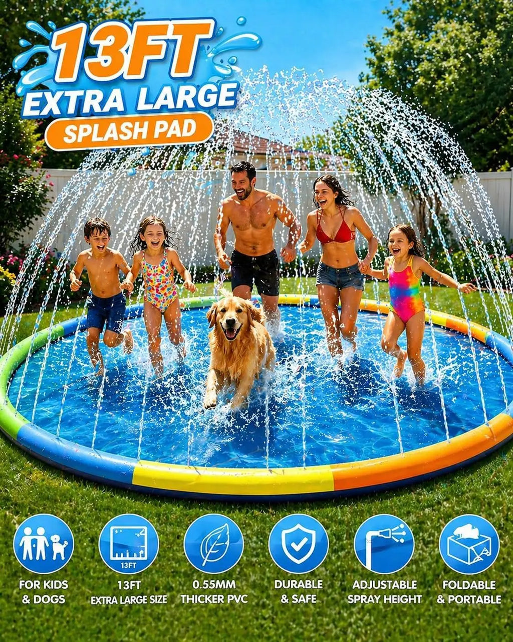 Kiddie Sprinkler Pool, Splash Pad, PVC Material, 13ft, Foldable, Summer, Blue