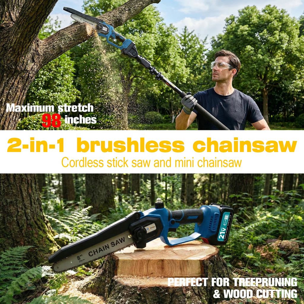 Cordless Pole Saw & Mini Chainsaw, 6" & 8" Electric Tree Trimmer with Extension Pole, Handheld Chain Saw for Branch Cutting