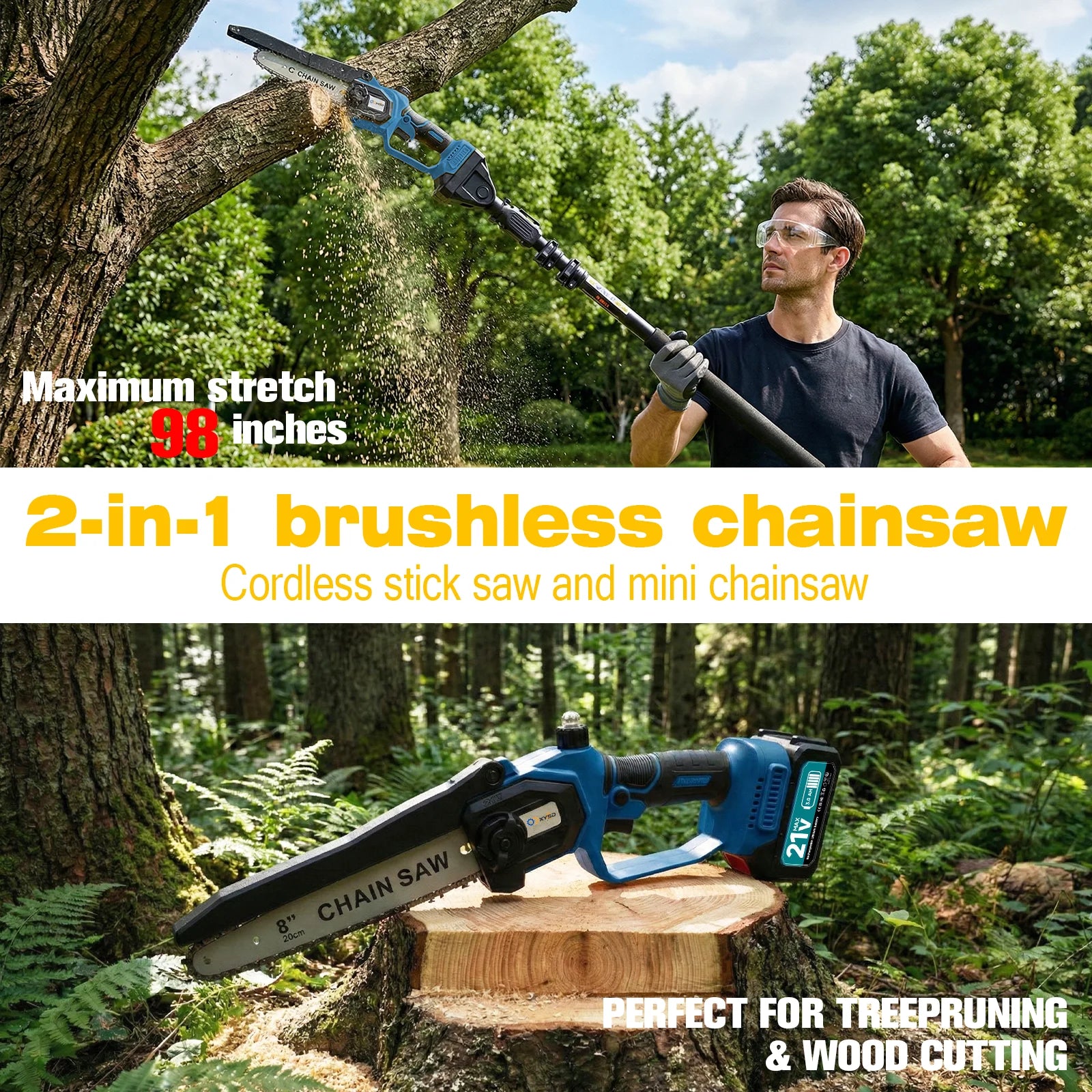 Cordless Pole Saw & Mini Chainsaw, 6" & 8" Electric Tree Trimmer with Extension Pole, Handheld Chain Saw for Branch Cutting