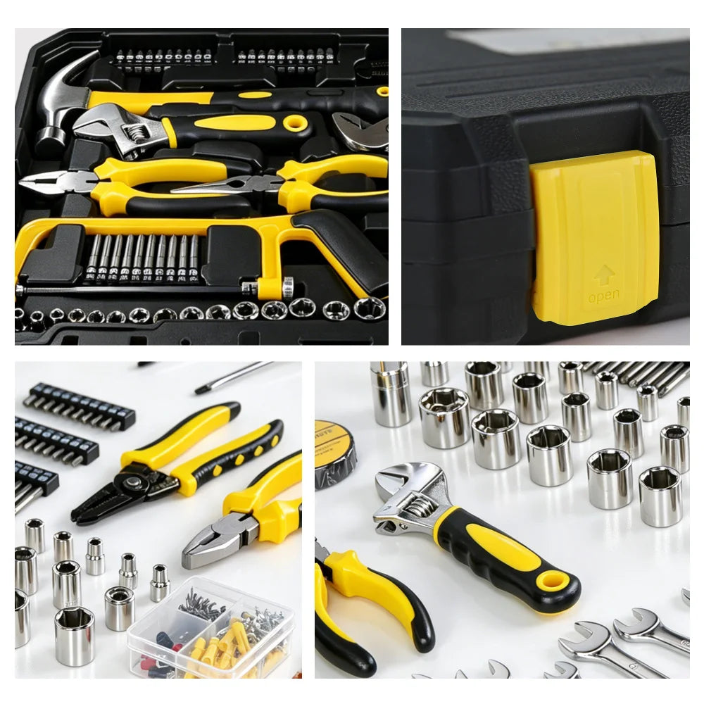 This Household Tool Set with Toolbox Is A Complete Set of 266 Hand Tools, Including A Ratchet Screwdriver, Socket Wrench Set, Pliers, Hammer, Level, and Measuring Tape. It Is Versatile, Rust-resistant, Corrosion-resistant, an