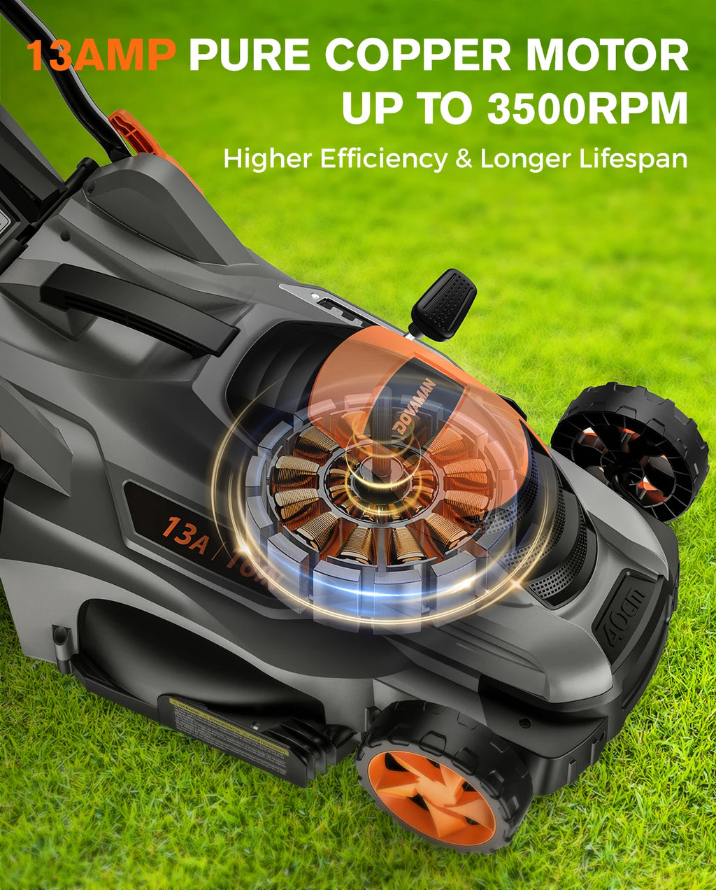 DOVAMAN 13Amp Corded Lawn Mower, 16" Steel Blade, 98% Grass Collection, Single-Lever Height Adjust, 2-in-1 Mulching & Bagging