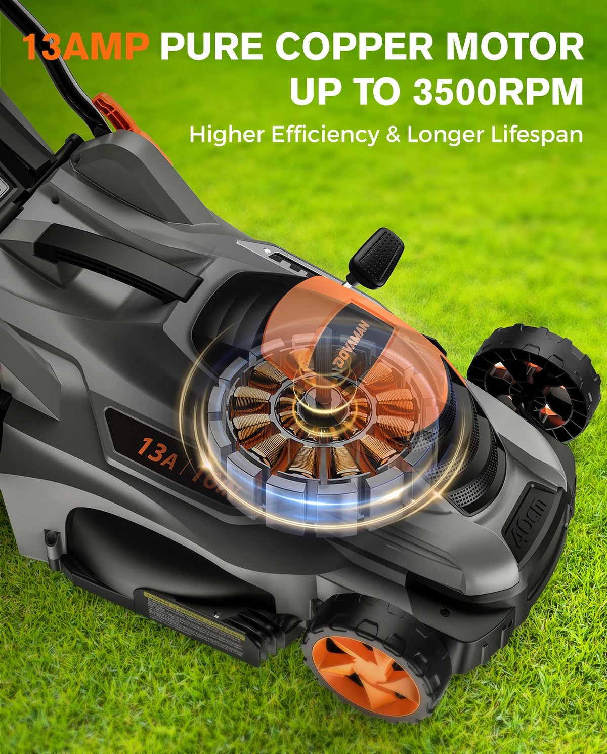 DOVAMAN 13Amp Corded Lawn Mower, 16" Steel Blade, 98% Grass Collection, Single-Lever Height Adjust, 2-in-1 Mulching & Bagging