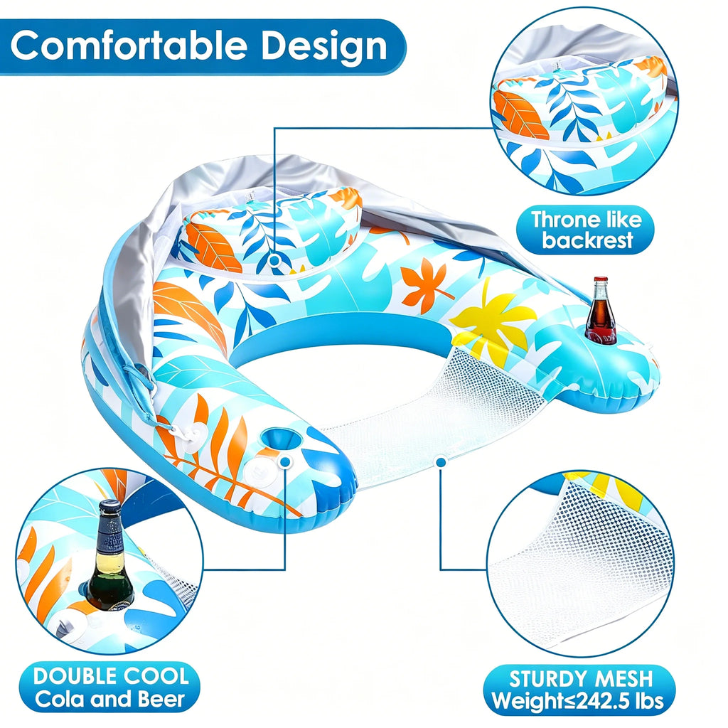 Pool Float with Adjustable Canopy, Adult Inflatable Lounge Chair Float, Leisure Water Toy with Sun Shade, Cup Holder and Phone Holder for Pool, Beach & Lakeside Relaxation