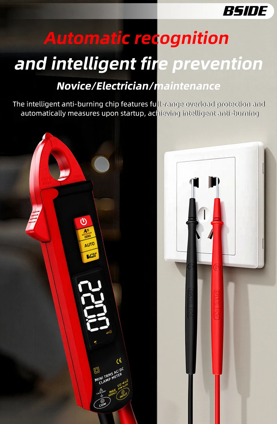 BSIDE Clamp Multimeter True RMS 6000, DC/AC 100A 1mA Auto Current Meter, Intelligent Burn-Proof Digital Clamp Meter for Electricians