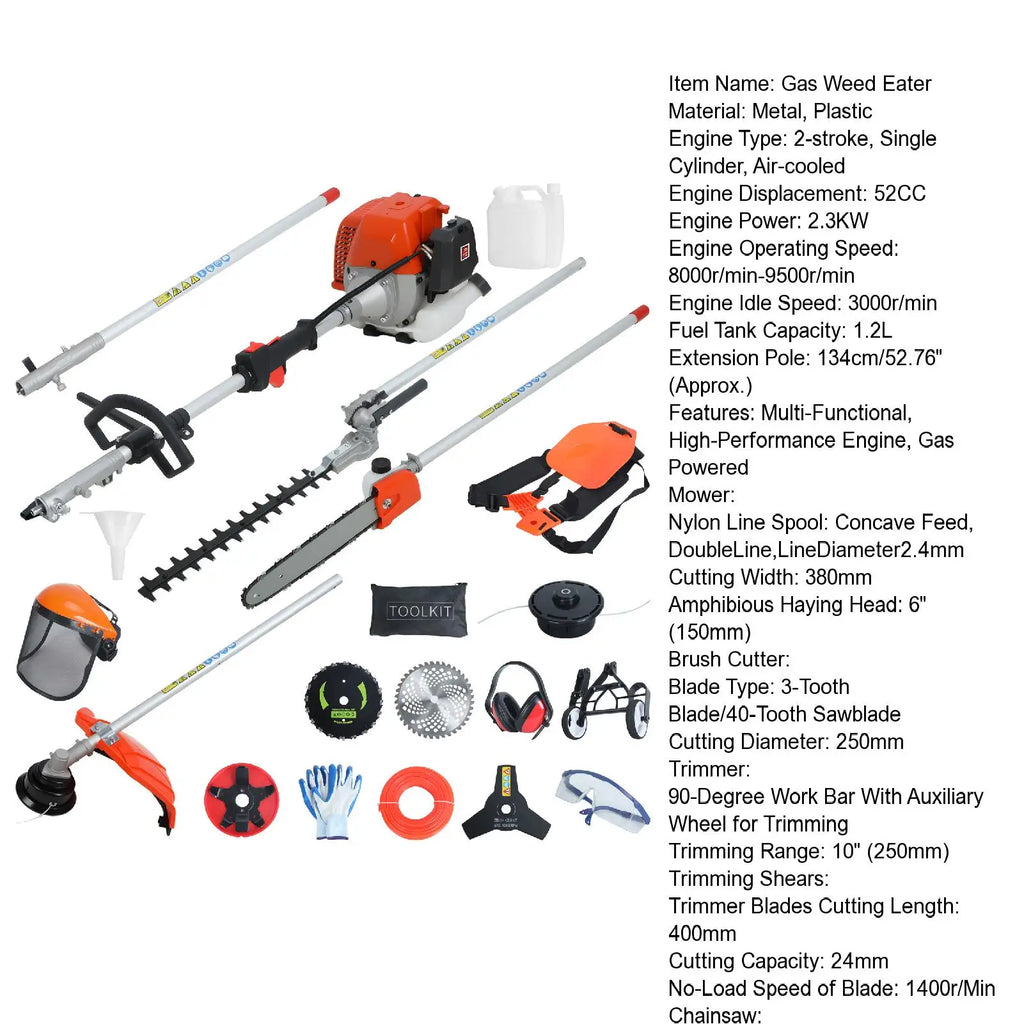 8 in 1 Weed Wacker, Trimmer, Edger, Chainsaw, Gas Powered, 52CC 2-Cycle