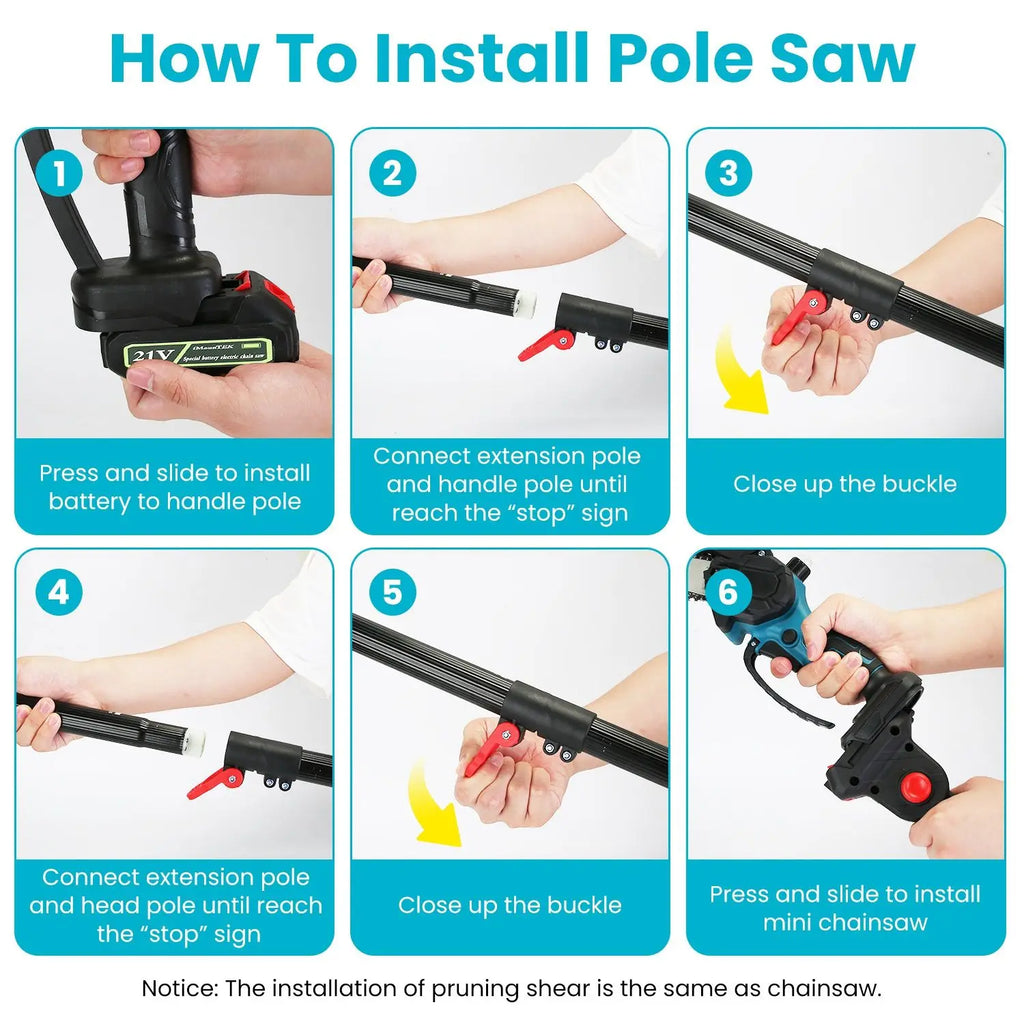 MounTEK 4-in-1 Pole Pruning Shears, Electric Pruning Shears & pole saws for tree trimming with 7 adjustable head angles,Cordless Pole Shears and Battery Pole Saw with 2Pcs 3000mAh rechargeable batteries