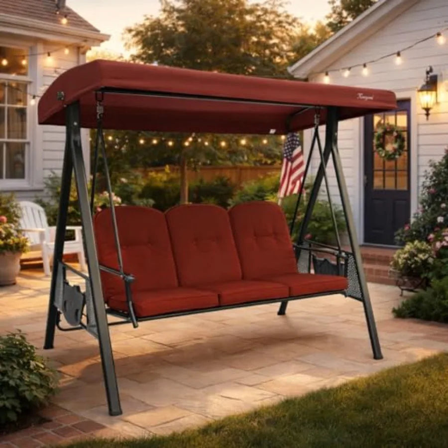 Herbert Deluxe 3-Seat Patio Porch Swing Chair with Stand, Adjustable Canopy, Outdoor Freestanding Swing Chair for Backyard, Pool