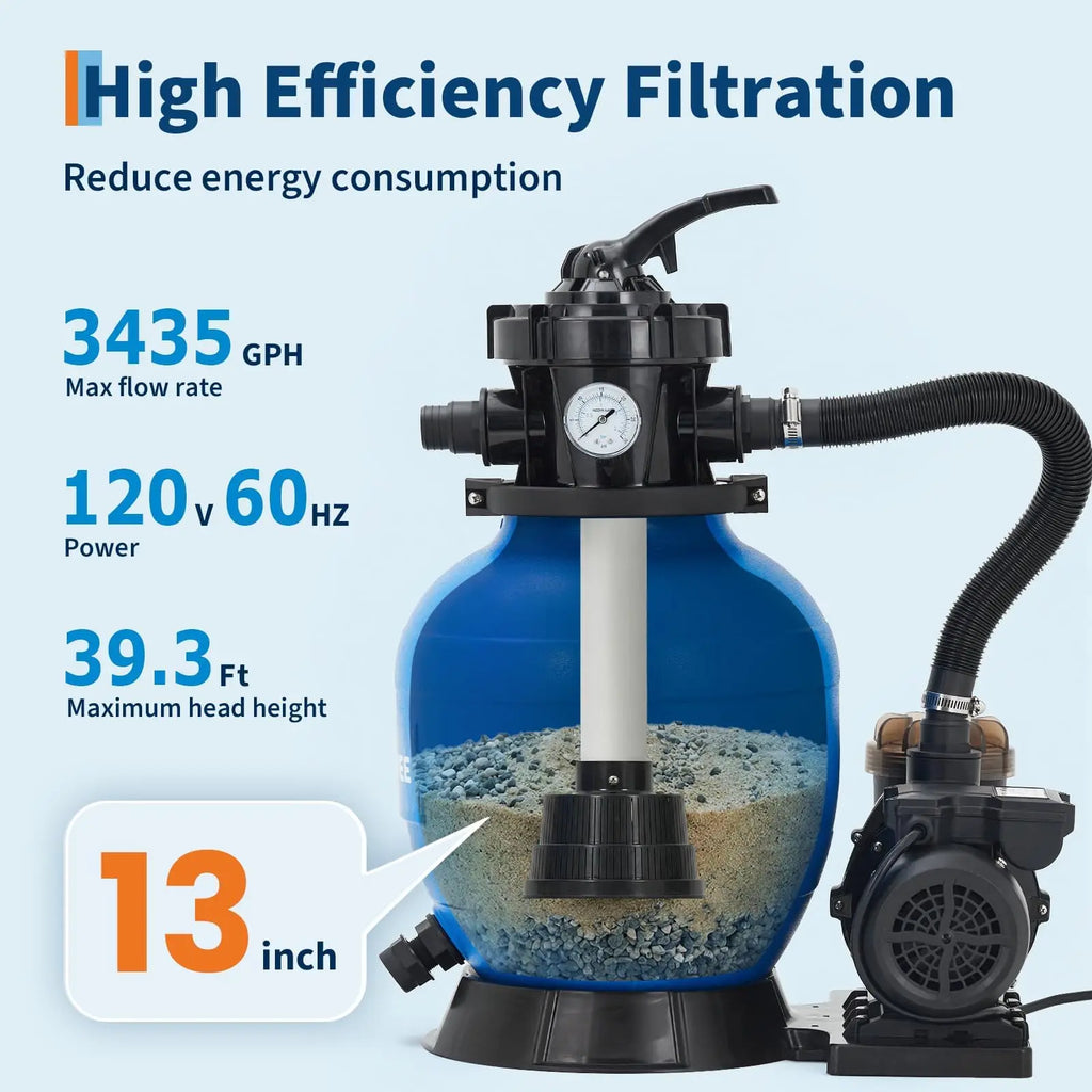 HiMiss 13'' Sand Filter Pump For Above Ground Pool, 3/4HP 3435GPH Pool Pump & Filter System With 7-Way Valve And Strainer Basket