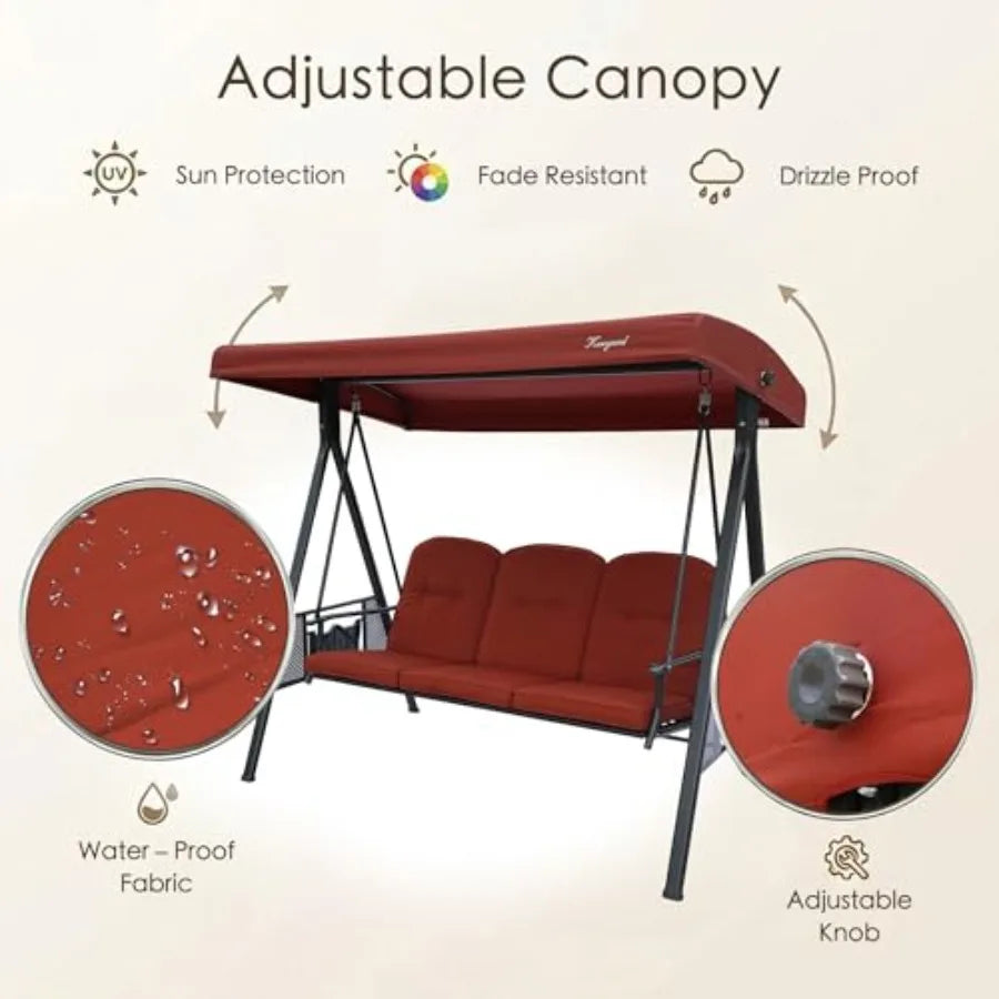 Herbert Deluxe 3-Seat Patio Porch Swing Chair with Stand, Adjustable Canopy, Outdoor Freestanding Swing Chair for Backyard, Pool