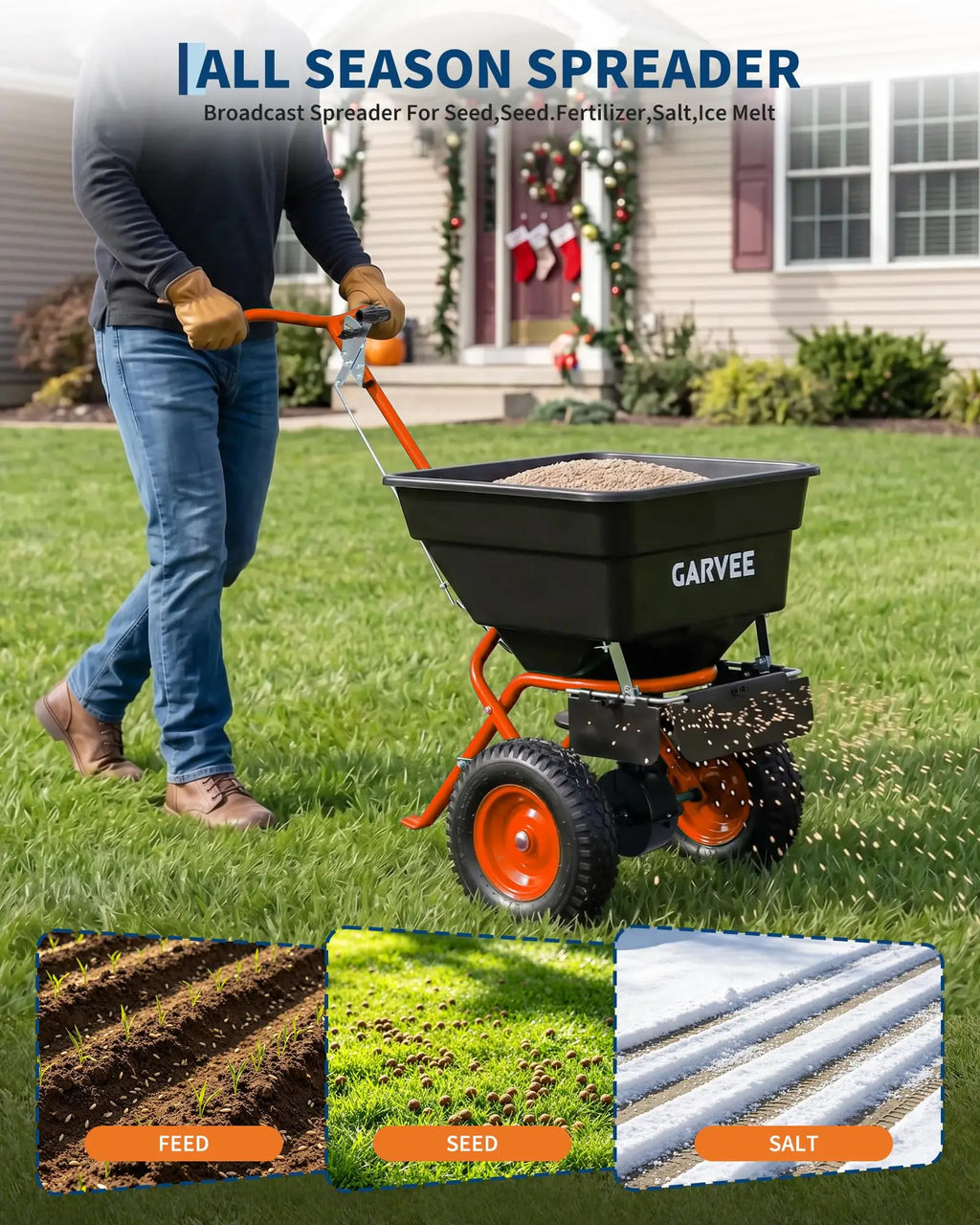 HiMiss Push Lawn Spreader 100lb Broadcast Spreader With Rain Cover Gloves 12ft Spread Width Adjustable Seed Fertilizer Salt Spreader