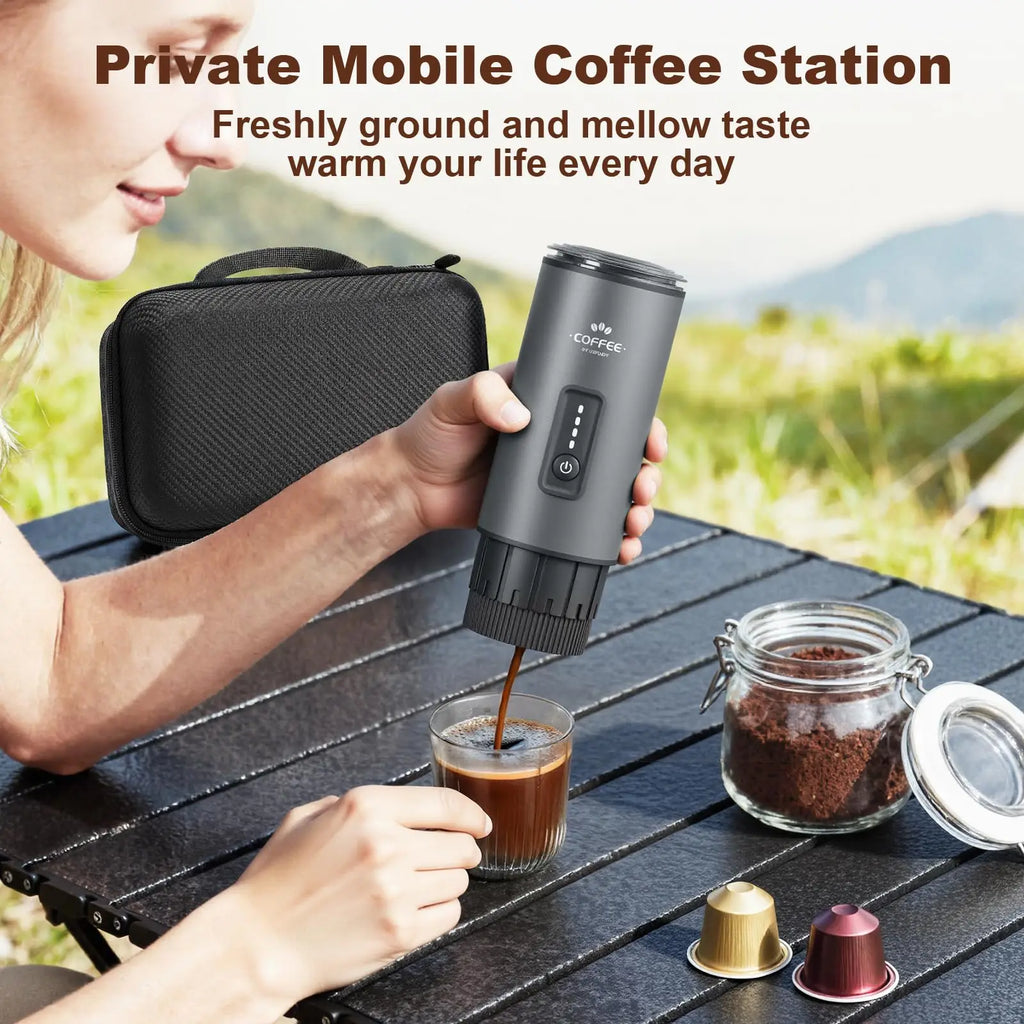 Model Number: AEG2523-grey Portable 3 in 1 Electric Espresso Coffee Maker Rechargeable Self Heating Brewer with Carrying Bag and Stand for Camping Hiking