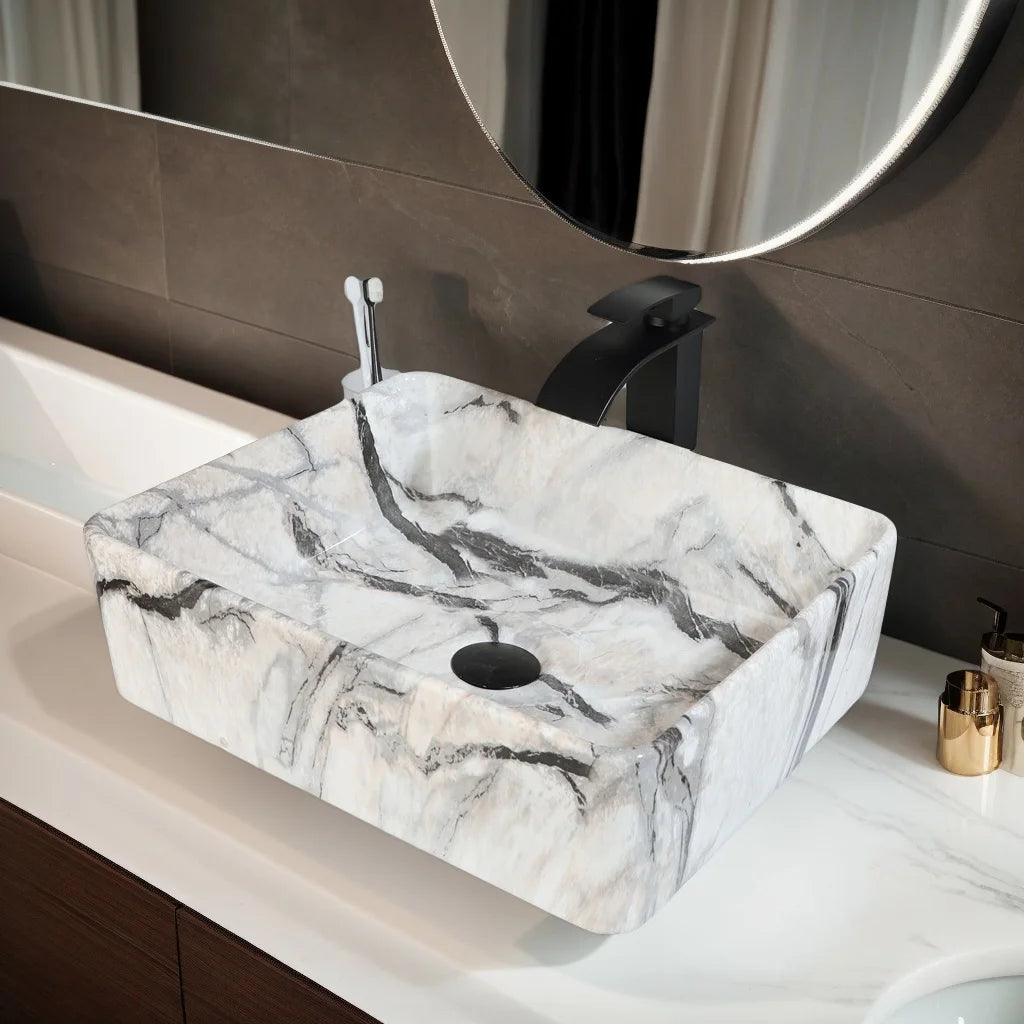 ZAPPO Artistic Marble Pattern Ceramic Sink Set, Black Matte Faucet Combo, Modern Bathroom Above-Counter Basin.