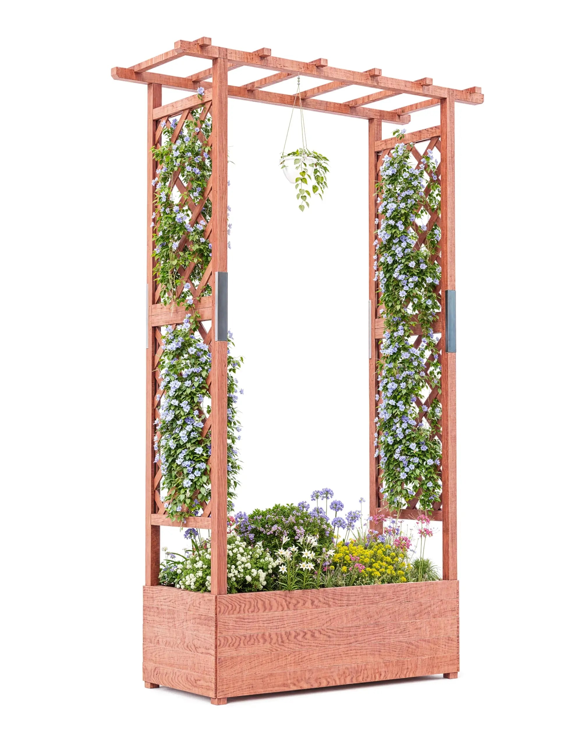 Wooden Raised Garden Bed with Trellis/Canopy/Drainage Hole Freestanding Planter Box for Climbing Plants Vines Blossoms
