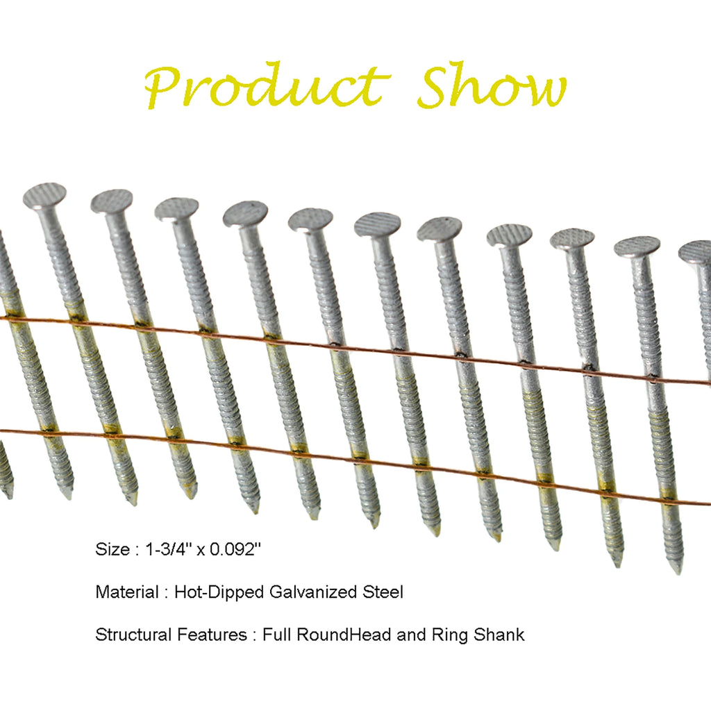 3600Pack 1-3/4"x0.092" Siding Nails 15 Degree Collated Wire Coil Full Round Head
