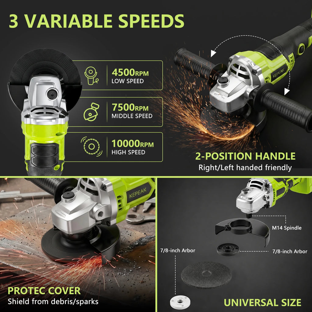 21V Cordless Brushless Angle Grinder 3 Speed 10000RPM Portable Cutting Grinding Polishing Machine With 21V Lithium Battery Fast Charger Hard Storage Box Complete Grinding Discs Set For Metal Wood Stone