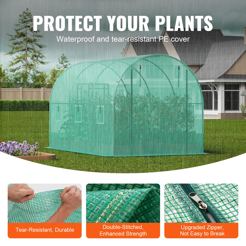 SucceBuy Walk-in Tunnel Greenhouse Hoop House Greenhouse Tunnel Plant House with Steel Frame Green PE Cover Roll-up Zipper Door