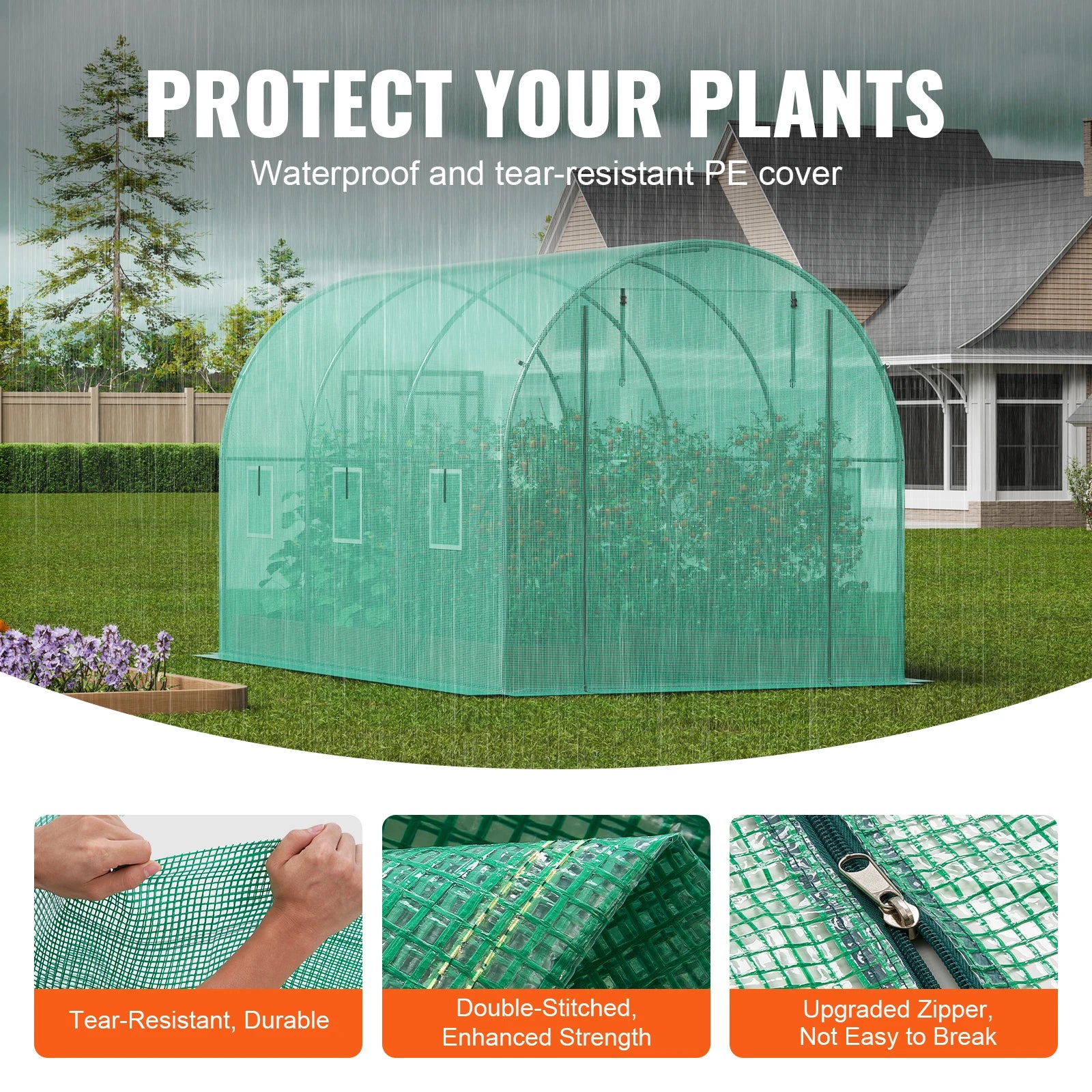 SucceBuy Walk-in Tunnel Greenhouse Hoop House Greenhouse Tunnel Plant House with Steel Frame Green PE Cover Roll-up Zipper Door