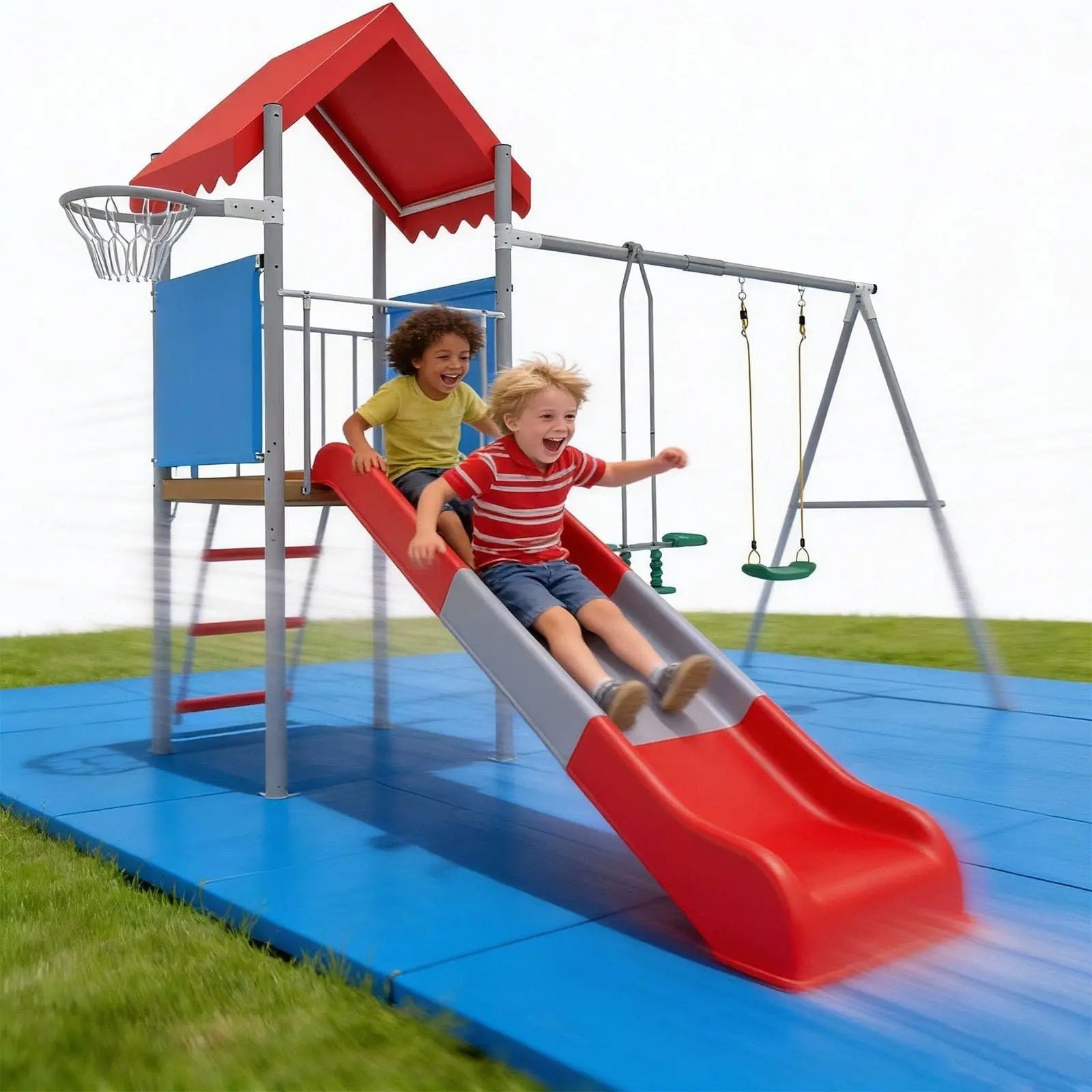 Kids Outdoor Playset Heavy Duty Metal Swing Set With Slide Basketball Hoop Treehouse Backyard Playground Equipment For Children