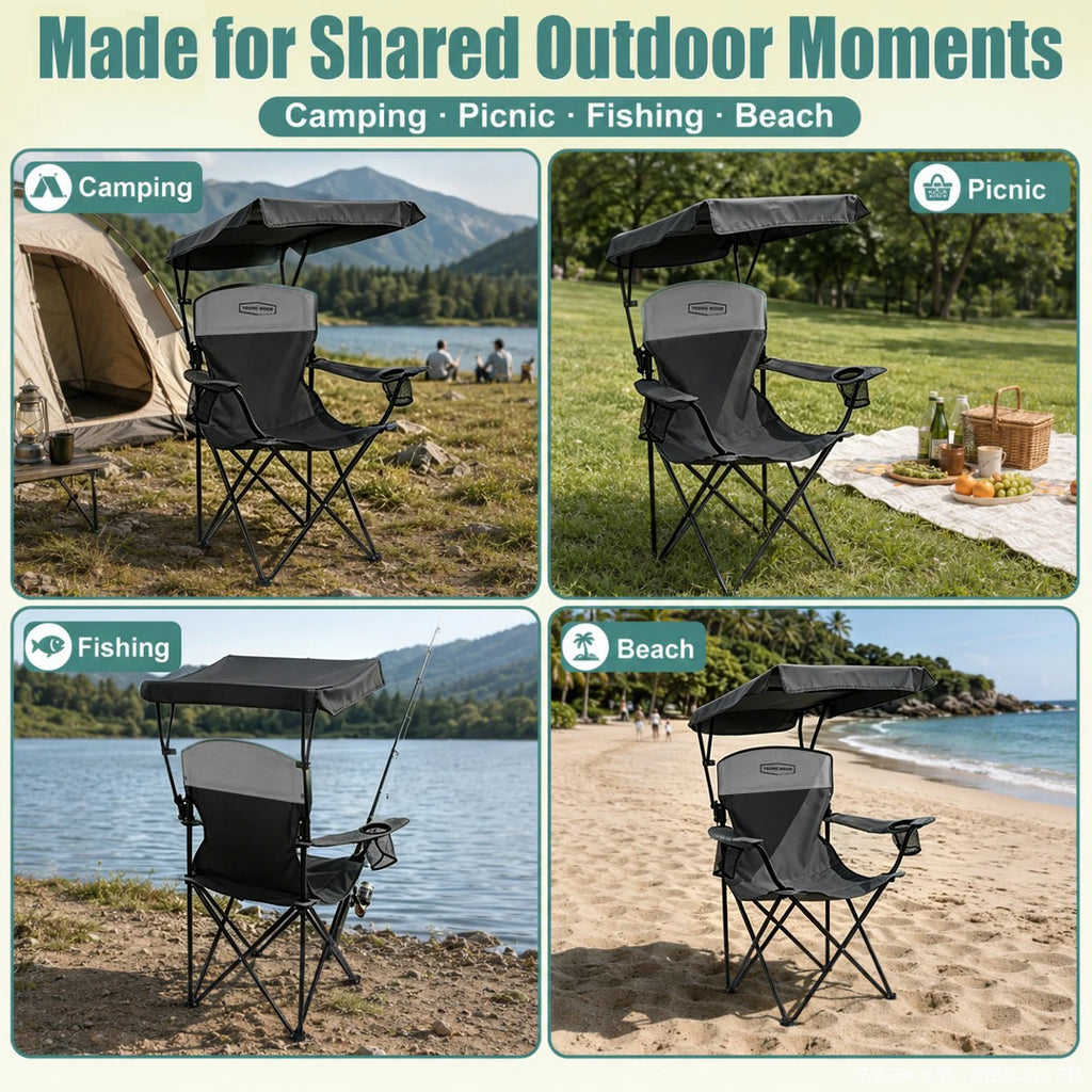 Black Portable Beach Chair with Cup Holder & Side Pocket, Duty Lawn Chair with Carry Bag for Camping, Beach, Fishing, Patio, Hiking, YOUNG WOOD Outdoor Folding Camping Chair with Adjustable Canopy