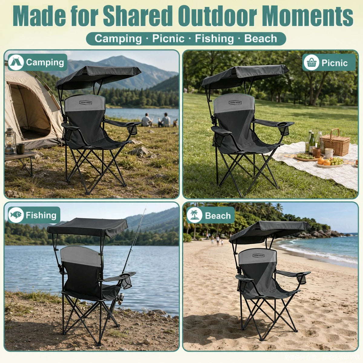 Black Portable Beach Chair with Cup Holder & Side Pocket, Duty Lawn Chair with Carry Bag for Camping, Beach, Fishing, Patio, Hiking, YOUNG WOOD Outdoor Folding Camping Chair with Adjustable Canopy