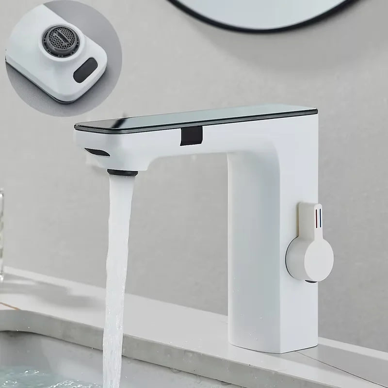 Bathroom Sink Faucet, Sensor On/Off, Digital LED Water Temperature Display, White Or Chrome Available