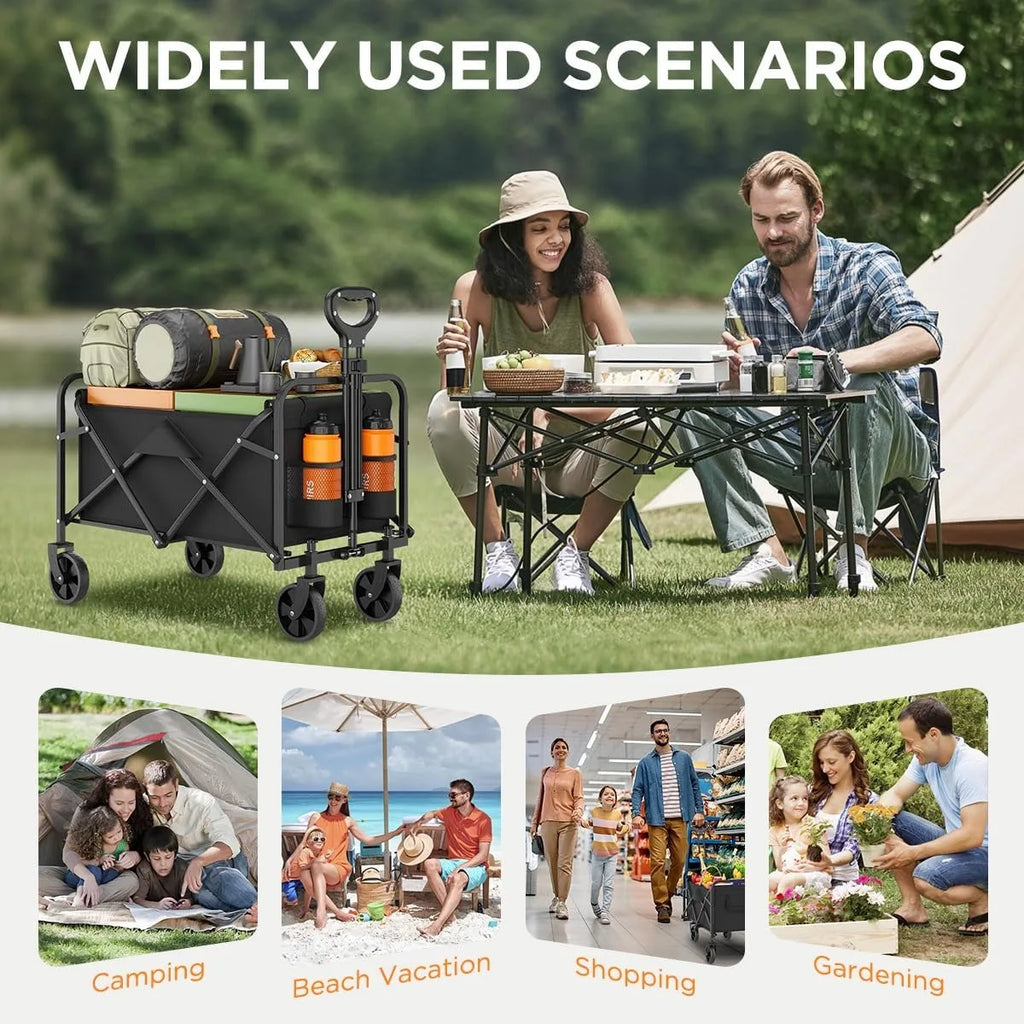 380LBS Capacity Folding Garden Wagon, Heavy Duty Utility Cart with Adjustable Handle, Portable All-Terrain Outdoor Camping Grocery Canvas Cart In Red, Blue or Black.
