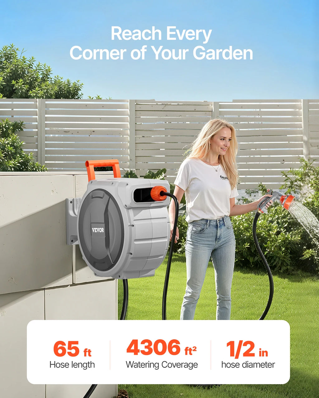 Retractable Garden Hose Reel, Wall Mounted, Heavy Duty Garden Hose, 9 Patterns Nozzle, Swivel Bracket