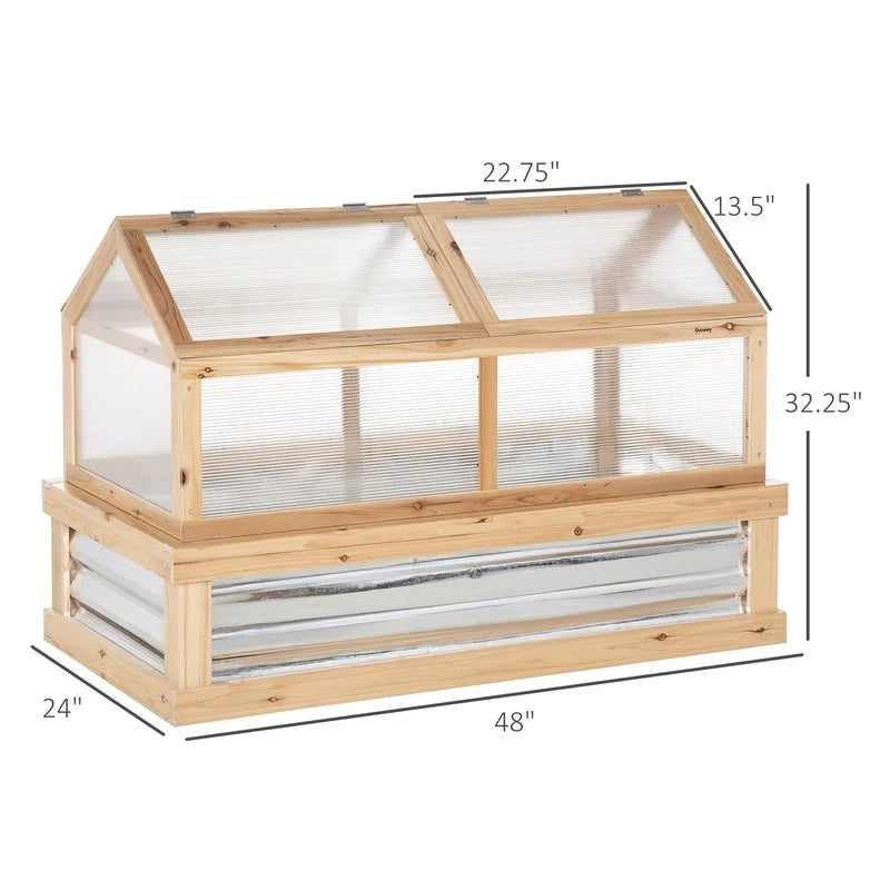 Outsunny 48" x 24" x 32" Wooden Raised Garden Bed with Polycarbonate Greenhouse and Cold Frame Cover, Natural Finish