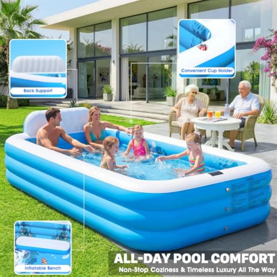 AlxPool Extra Large Inflatable Pool with Lights PVC Blue Solar-Powered LED Lighting Built-in Seat/Backrest for Backyard Use 120"x73"x20"