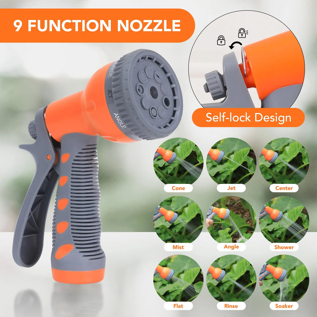 HiMiss Wall Mounted Retractable Garden Hose Reel, 1/2 in X 72/100 ft, Auto Slow Rewind, 180° Swivel, 9-Function Nozzle, Any Length Lock