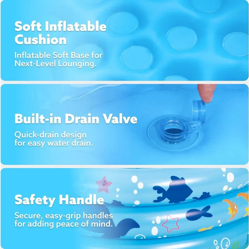 Joyfy Inflatable Kiddie Pool, 34"x10" Blow Up Kid Swimming Pool, 3 Rings Blue Baby Pool for Kids, Summer Water Party Swimming Pool